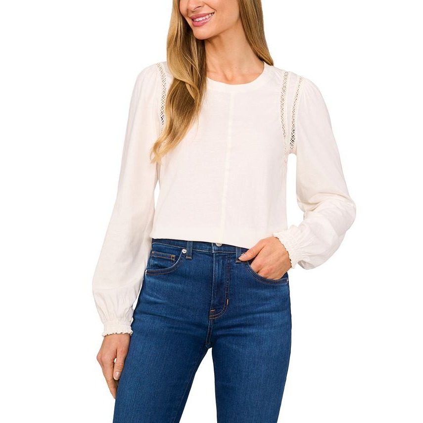Cece Lace Inset Swing Top Womens L Cream Peasant Boho Cottagecore Grannycore Nwt